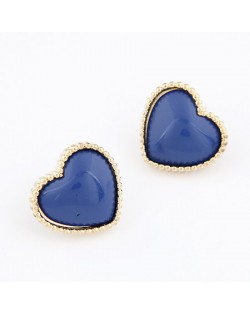Korean Fashion Golden Rim Heart Shape Ear Studs - Blue