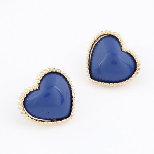 Korean Fashion Golden Rim Heart Shape Ear Studs - Blue