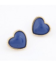 Korean Fashion Golden Rim Heart Shape Ear Studs - Blue