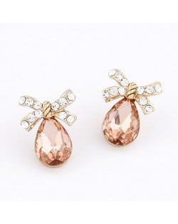 Bowknot Attached Angel Tear Earrings - Champagne