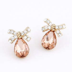 Bowknot Attached Angel Tear Earrings - Champagne