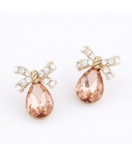 Bowknot Attached Angel Tear Earrings - Champagne