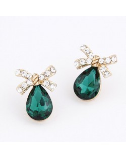 Bowknot Attached Angel Tear Earrings - Green