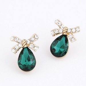 Bowknot Attached Angel Tear Earrings - Green
