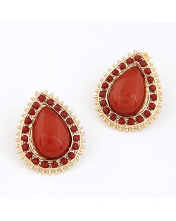 Golden Studs Rim Waterdrop Gem Ear Studs - Red