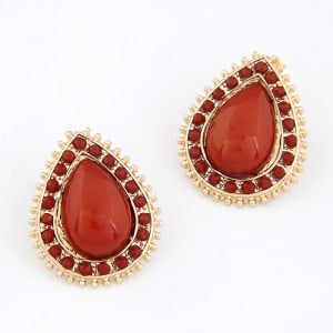 Golden Studs Rim Waterdrop Gem Ear Studs - Red
