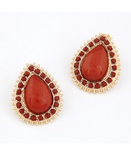 Golden Studs Rim Waterdrop Gem Ear Studs - Red