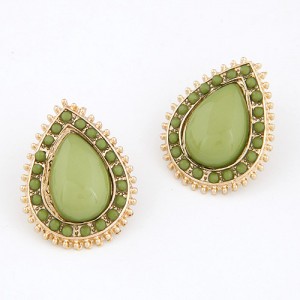 Golden Studs Rim Waterdrop Gem Ear Studs - Olive