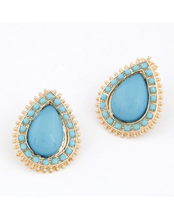 Golden Studs Rim Waterdrop Gem Ear Studs - Blue