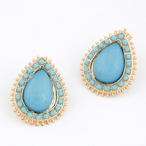 Golden Studs Rim Waterdrop Gem Ear Studs - Blue