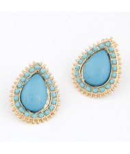 Golden Studs Rim Waterdrop Gem Ear Studs - Blue