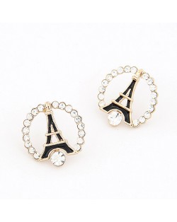 Korean Fashion Eiffel Tower Theme Rhinestone Ear Studs - Black