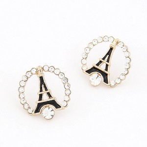 Korean Fashion Eiffel Tower Theme Rhinestone Ear Studs - Black