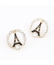 Korean Fashion Eiffel Tower Theme Rhinestone Ear Studs - Black