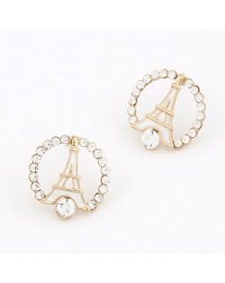 Korean Fashion Eiffel Tower Theme Rhinestone Ear Studs - White