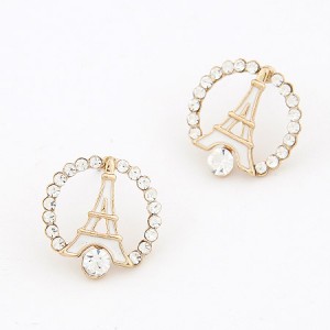 Korean Fashion Eiffel Tower Theme Rhinestone Ear Studs - White