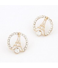 Korean Fashion Eiffel Tower Theme Rhinestone Ear Studs - White