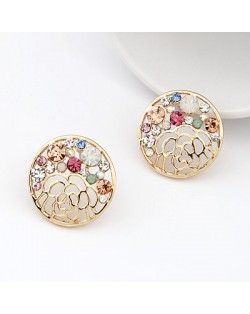 Colorful Rhinestone Inlaid Hollow Rose Design Round Earrings