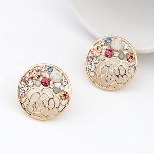 Colorful Rhinestone Inlaid Hollow Rose Design Round Earrings