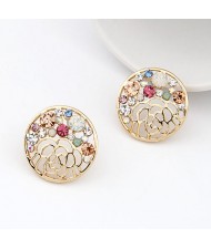 Colorful Rhinestone Inlaid Hollow Rose Design Round Earrings