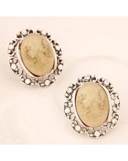 Rhinestone Rimmed Graceful Lady Rilievo Earrings - Ivory