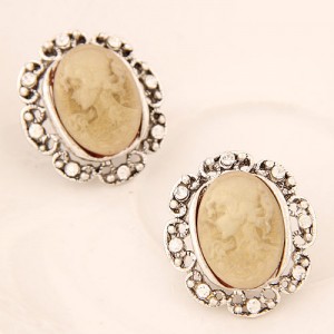 Rhinestone Rimmed Graceful Lady Rilievo Earrings - Ivory