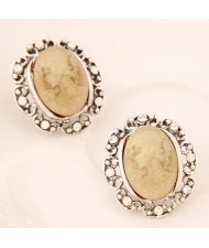 Rhinestone Rimmed Graceful Lady Rilievo Earrings - Ivory