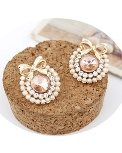 Korean Fashion Elegant Bowknot Decorated Rhinestone Ear Studs - Light Pink