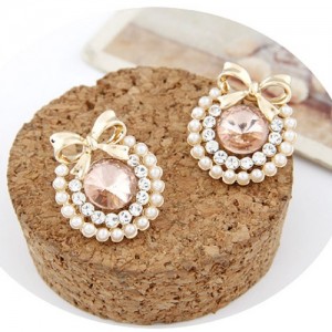 Korean Fashion Elegant Bowknot Decorated Rhinestone Ear Studs - Light Pink