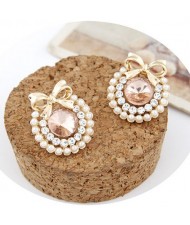 Korean Fashion Elegant Bowknot Decorated Rhinestone Ear Studs - Light Pink