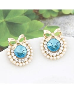 Korean Fashion Elegant Bowknot Decorated Rhinestone Ear Studs - Blue