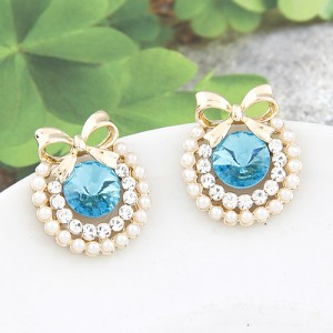 Korean Fashion Elegant Bowknot Decorated Rhinestone Ear Studs - Blue
