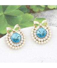 Korean Fashion Elegant Bowknot Decorated Rhinestone Ear Studs - Blue