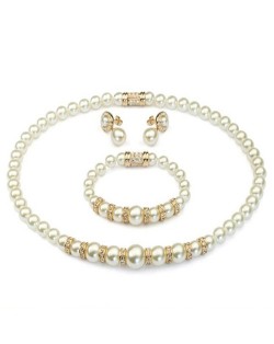 Luxurious Rhinestone Inlaid Pearls String Rose Gold Necklace Bracelet and Earrings Set