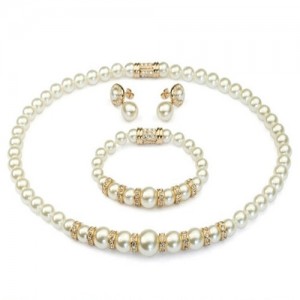 Luxurious Rhinestone Inlaid Pearls String Rose Gold Necklace Bracelet and Earrings Set