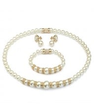 Luxurious Rhinestone Inlaid Pearls String Rose Gold Necklace Bracelet and Earrings Set
