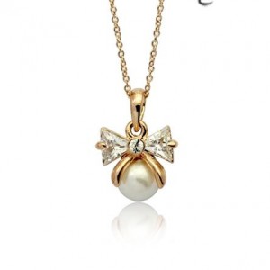 Rhinestone Bownot Pearl Pendant Rose Gold Necklace