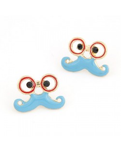 Amusing Glass with Moustache Ear Studs - Sky Blue