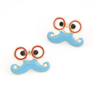 Amusing Glass with Moustache Ear Studs - Sky Blue