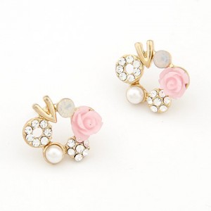 Korean Fashion Romantic Seashell Rose Ear Studs - Pink