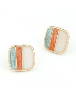 Golden Rimmed Triple Colors Combo Square Ear Studs - Orange