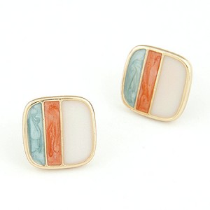 Golden Rimmed Triple Colors Combo Square Ear Studs - Orange