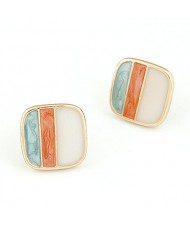 Golden Rimmed Triple Colors Combo Square Ear Studs - Orange