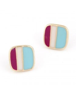 Golden Rimmed Triple Colors Combo Square Ear Studs - Purple