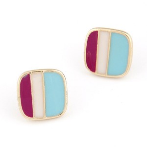 Golden Rimmed Triple Colors Combo Square Ear Studs - Purple