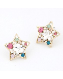 Colorful Rhinestone Inlaid Pentagram Ear Studs