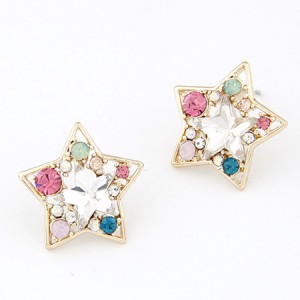 Colorful Rhinestone Inlaid Pentagram Ear Studs