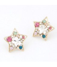 Colorful Rhinestone Inlaid Pentagram Ear Studs