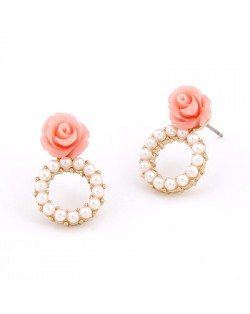Rose Attached Pearl Hoop Ear Studs - Pink