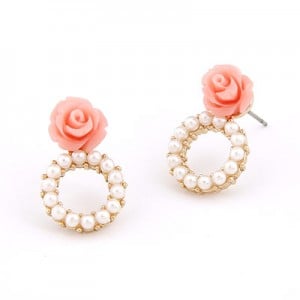 Rose Attached Pearl Hoop Ear Studs - Pink